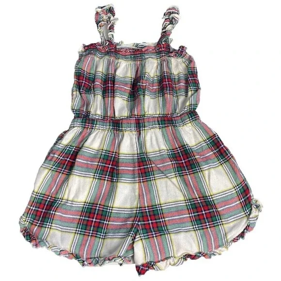 Aerie Romper Womens Medium Multicolor Green Red Flannel Plaid Ruffle Strap - Picture 4 of 11